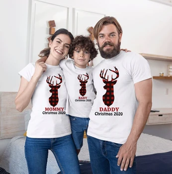 1 kom. Obiteljska t-shirt s kariranim jelen, Božić 2020, tata, mama, beba, iste bijele majice, odjeću za božićni domjenak