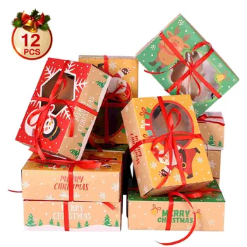 12шт Božićne Kutije Za Keks Od Kraft Papir za Božićne Kutije Za Hranu Čokolade Kutije Za Stranke Božićne Blagdane Potrepštine Za Zabave, Slatki poklon