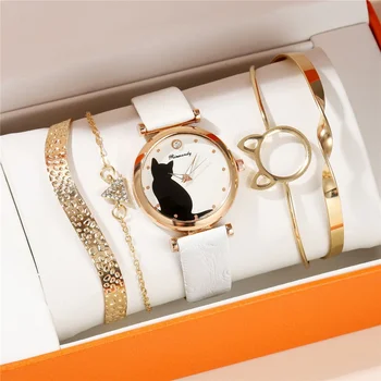 5 kom./compl. slatka trendi ženski ručni sat sa uzorkom mačka, quartz ženski ručni sat od umjetne kože