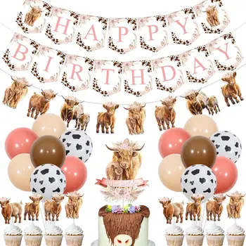 Dekor za rođendan planinskom krava u boho stilu u retro stilu s cvjetnim uzorkom planinskom krave, banner sretan rođendan, гирлянда za stoku, топперы za tortu, baloni