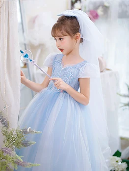 Haljina princeze Эльзы za djevojčice, moderan cosplay, odijelo Snježne Kraljice, dječji Ljetni Duge haljine sa izvezenim Vrhunske kvalitete