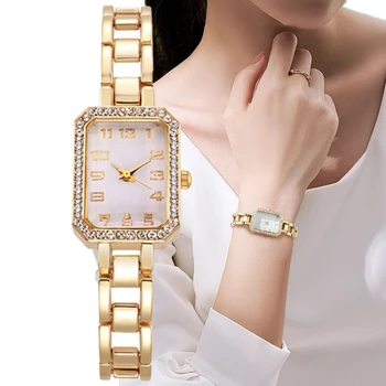 Luksuzni ženski sat 2023 Nove jednostavne kvadratne digitalni kvarcni sat sa dijamantima, zlatna narukvica od nehrđajućeg čelika, satovi za haljine