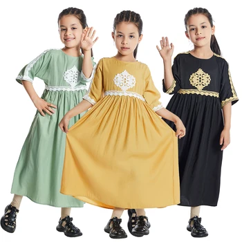 Muslimanske djevojke, cijele ovratnik, kratkih rukava, ljetna odjeća, duga haljina s čipkom aplikacija, arapski velike djeca, gospodo абаи dužine do ankles