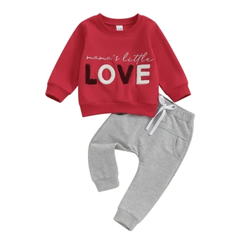 Setove za Valentinovo za male dječake, pulover dugih rukava i буквенным po cijeloj površini i čvrste hlače na завязках.