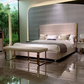 Talijanska минималистичная Bračni krevet, Moderna Lagan Luksuzna krevet od mat kože od nehrđajućeg čelika