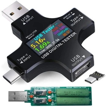Tester USB C 2 u 1 Type C USB-tester Boji IPS zaslon Digitalni multimetar (dmm) Napon Struja Snaga Temperatura s skidač