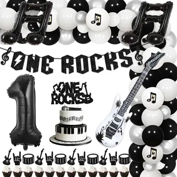 Ukras na 1. rođendan One Rocks za dječaka za rođendan u stilu rock-n-roll, luk od balona, Banner Broj 1, Glazbene note za gitaru, Folija baloni
